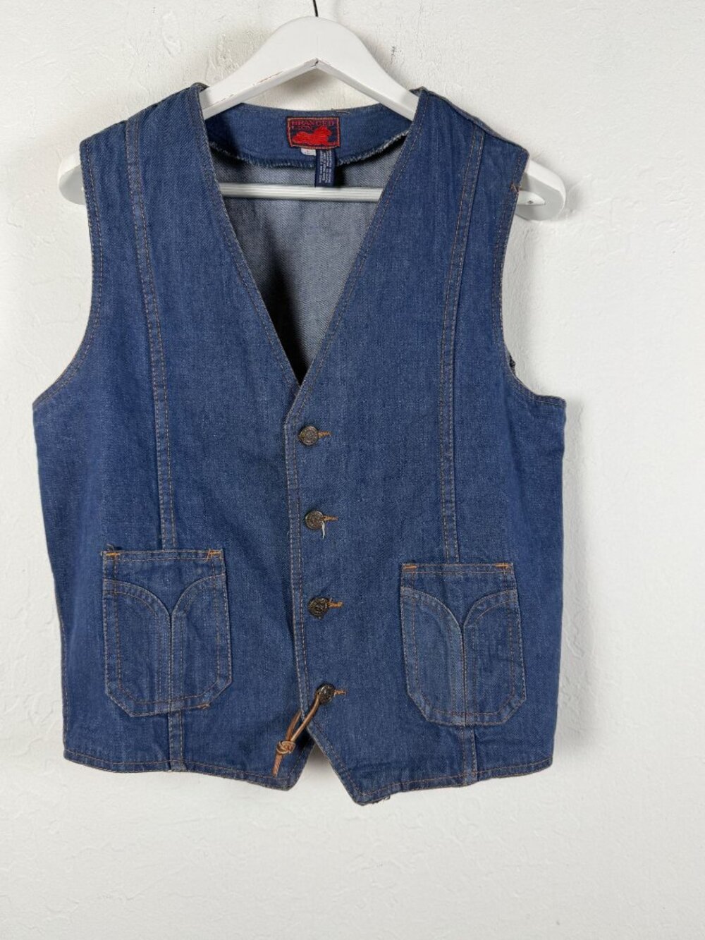 Vintage Branded Lion Mens Denim Vest Dark Wash Blue Jean V-Neck Pockets Large